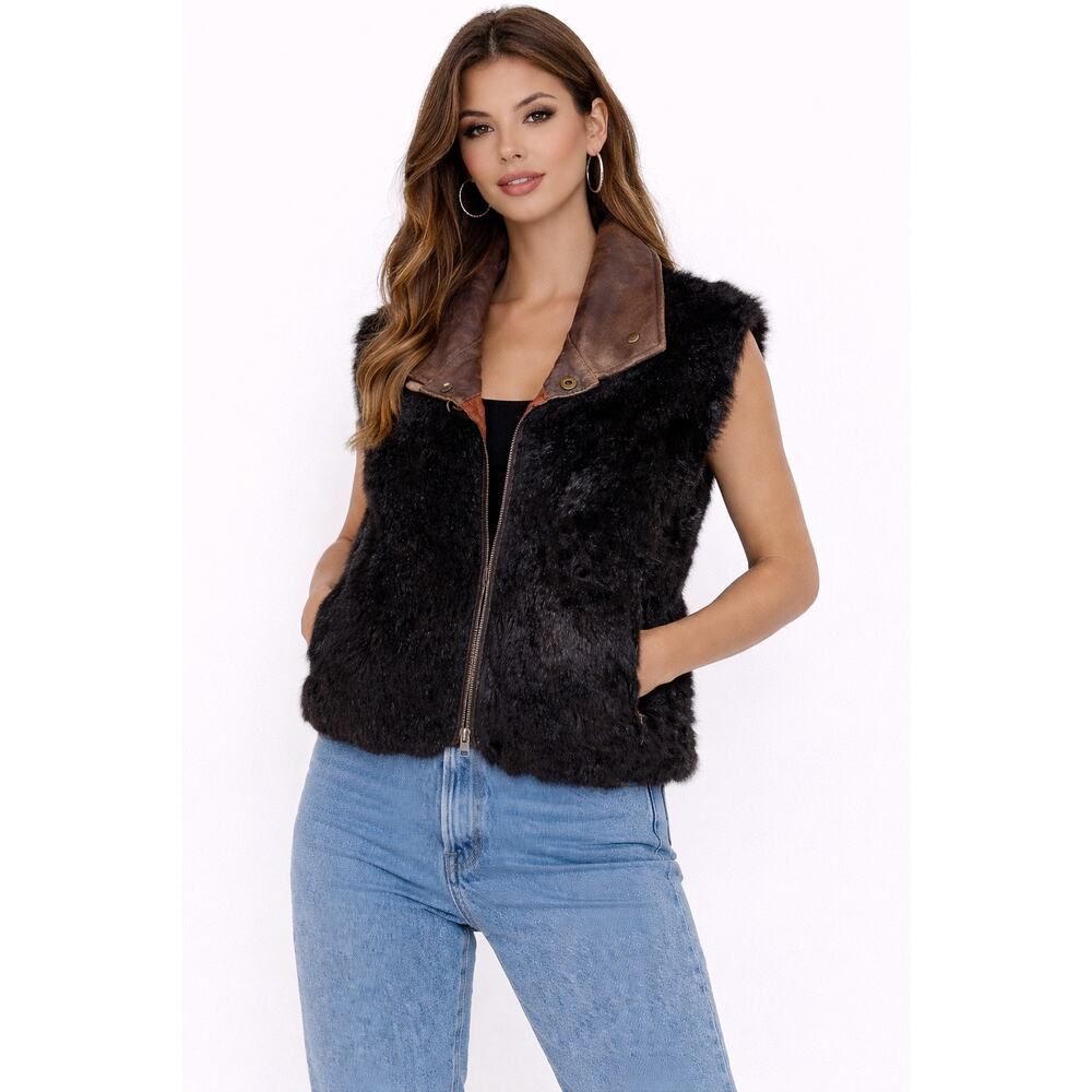 1970s–1980s Vintage Black Opossum Fur Leather Trim Vest Medium